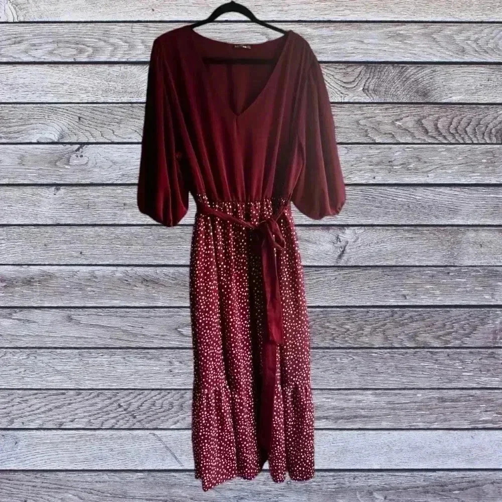 BloomChic Maroon Long Sleeve Maxi Dress with Polka Dot Skirt